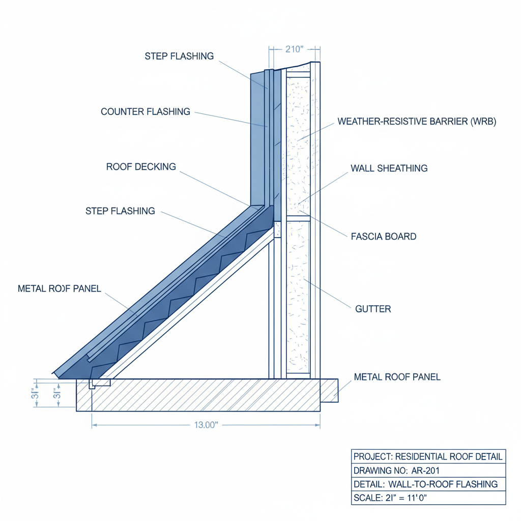 Metal Roofing Wall-to-Roof Flashing Detail Drawing